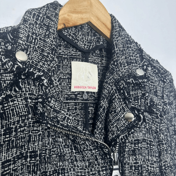 Rebecca Taylor Tweed Moto Jacket black boucle full zip cotton blend womens 2 - Picture 3 of 5